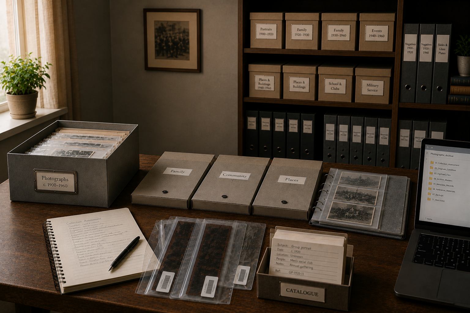Organised photographic archive with labelled boxes, folders and preservation materials