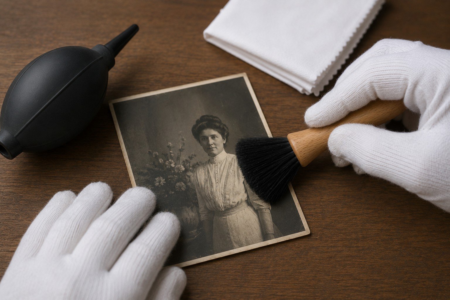 Using a soft anti-static brush to clean an old photograph