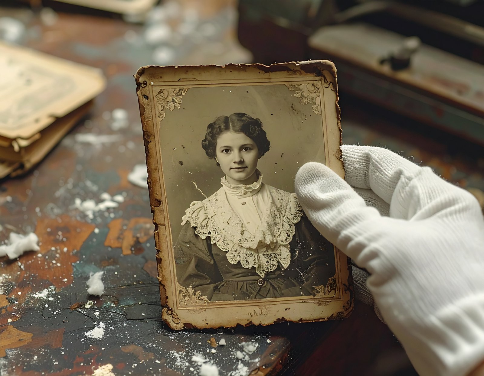 Old family photograph being carefully prepared for scanning