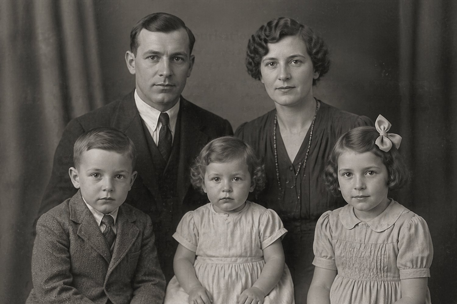 Black and white family group before colourisation