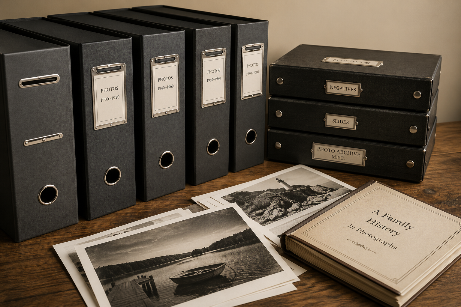 Organised family archive folders and labelled files