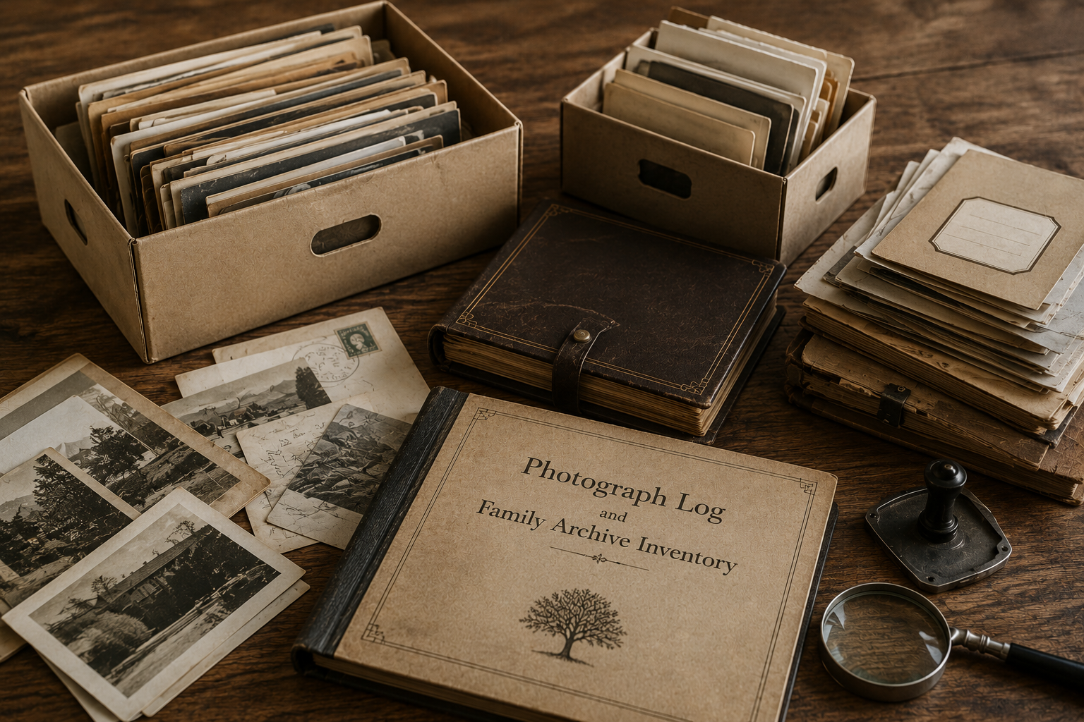 Disorganised family photographs and archive boxes
