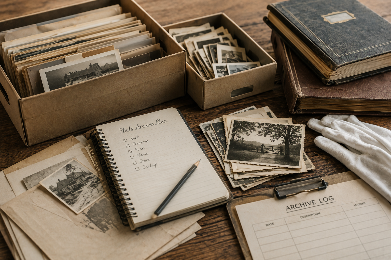 Family photographs, albums and archive boxes arranged on a table