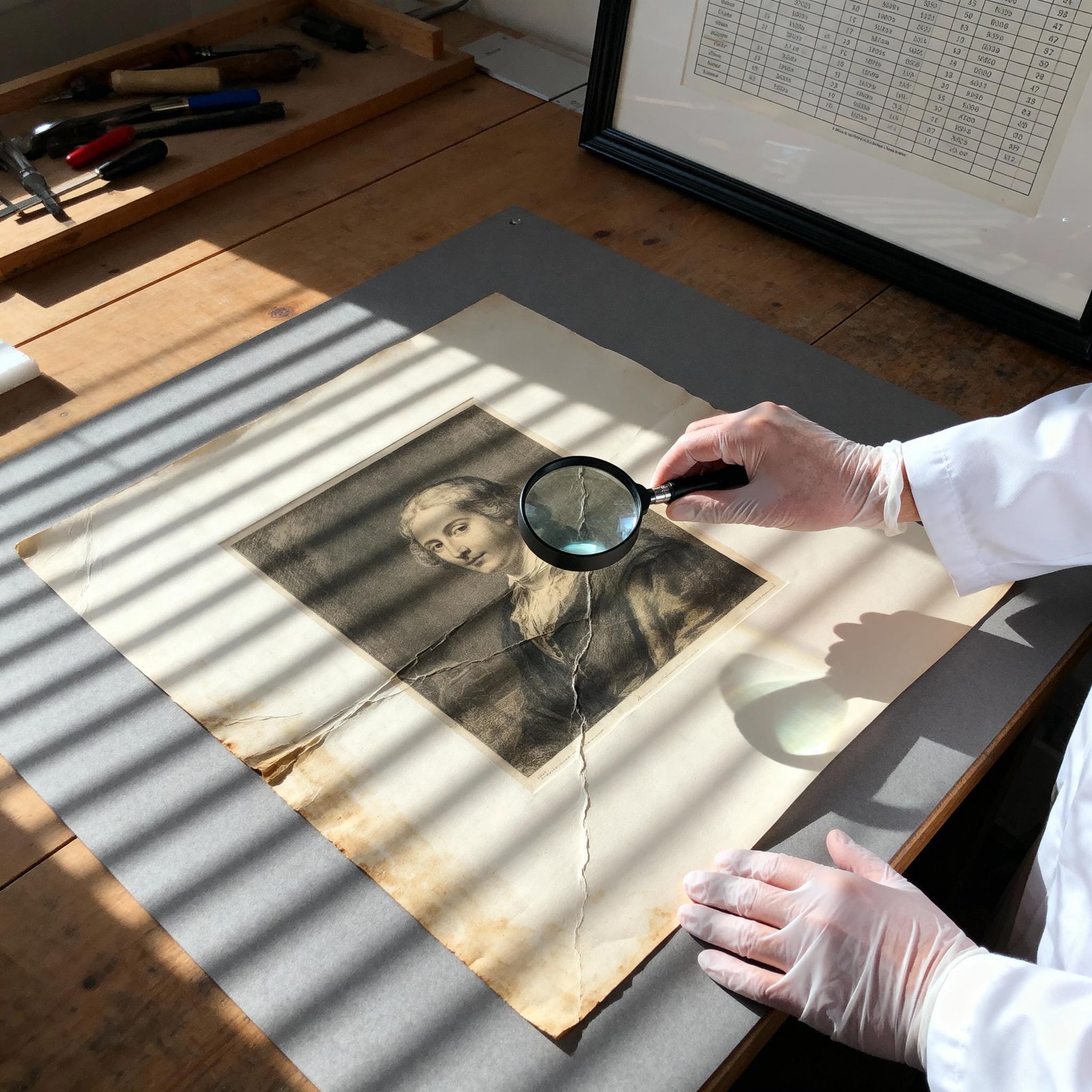 Old photograph being assessed for tears, creases, staining and surface damage before restoration