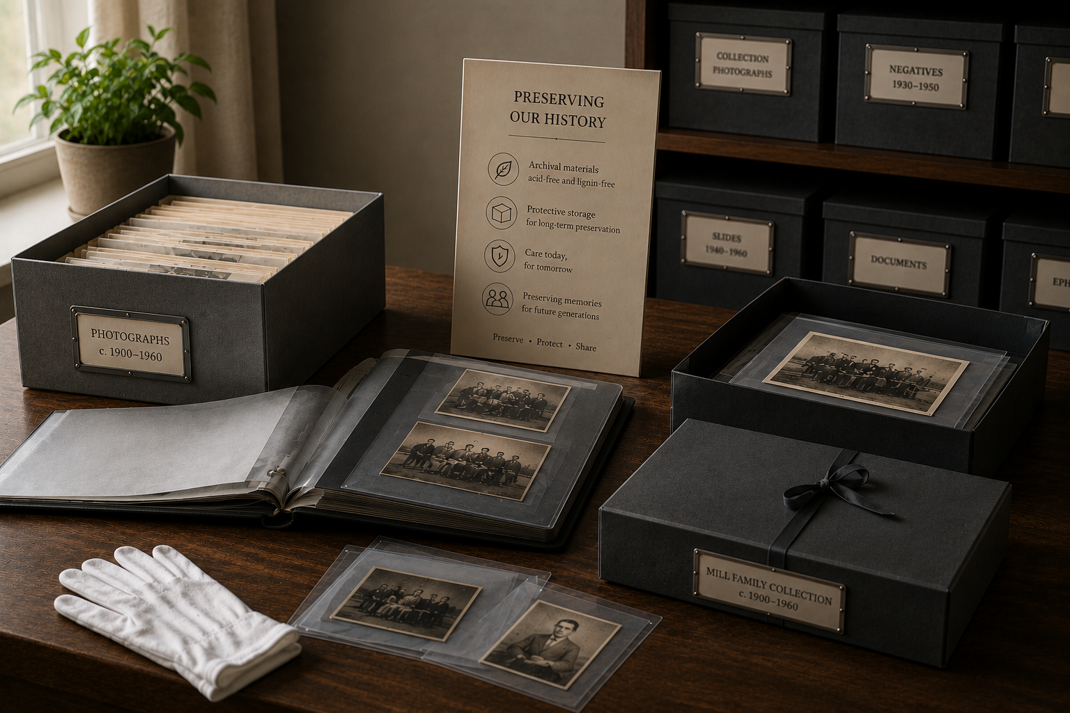 Photographic restoration and preservation showing damaged historical photograph restored and protected for long-term preservation