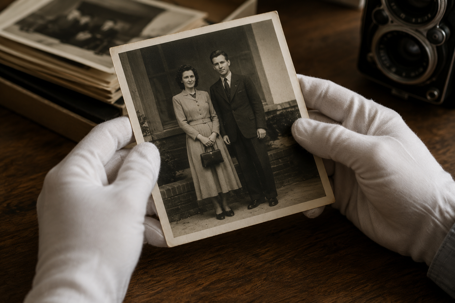 Photo restoration specialist working on a creased vintage portrait