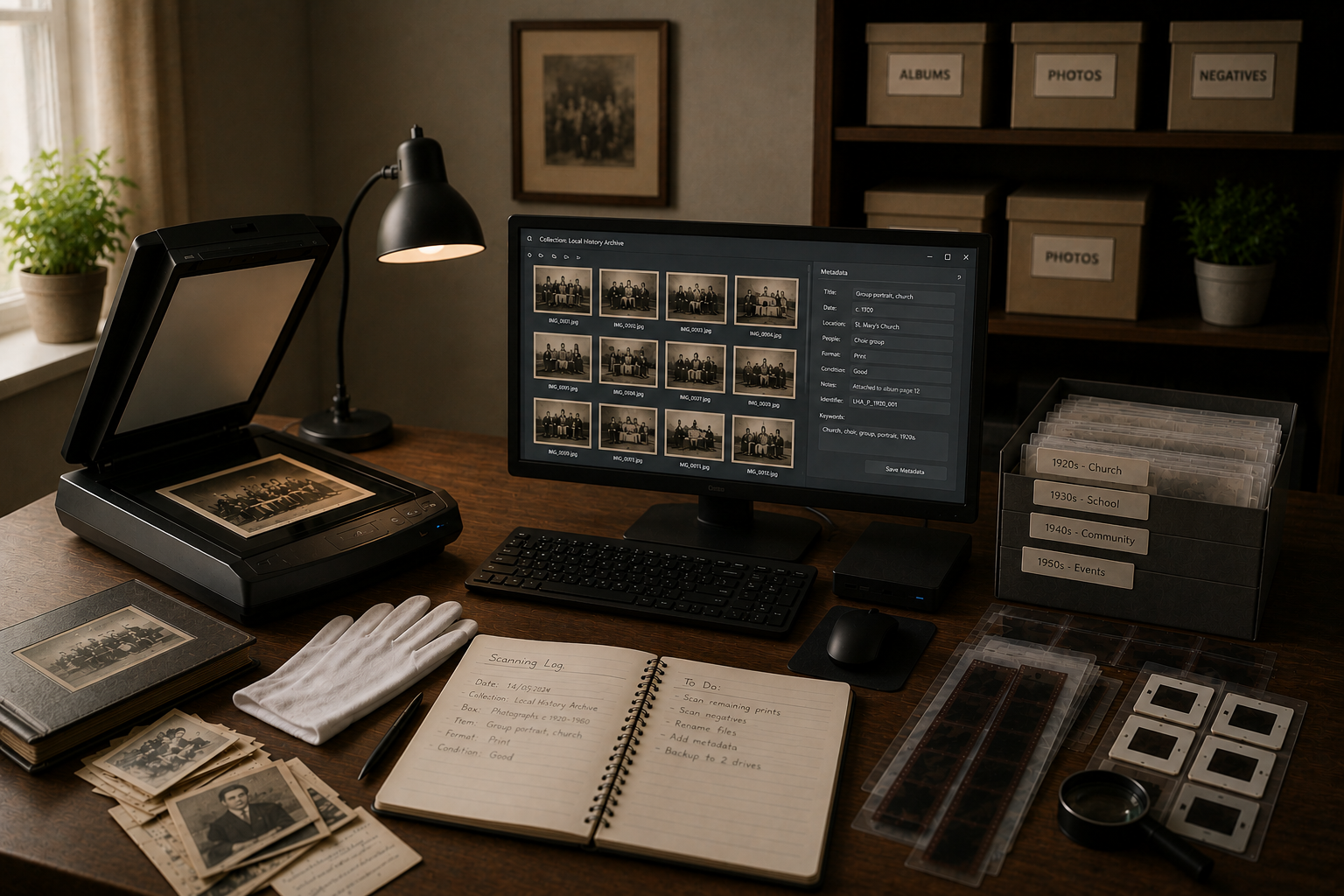 Photographic digitisation workflow showing scanning, metadata capture and digital archive organisation