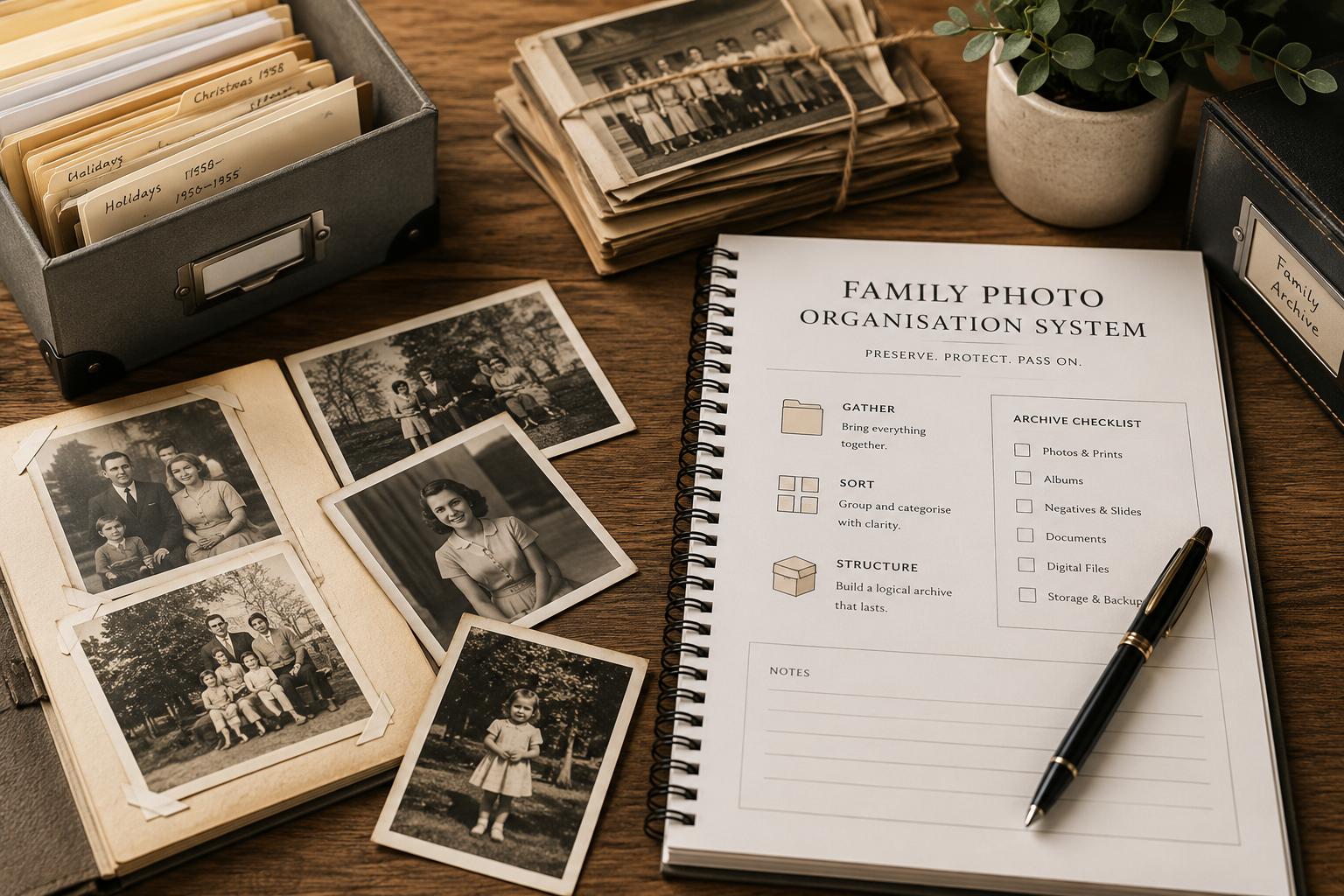 Family photographs arranged on a preservation worksheet