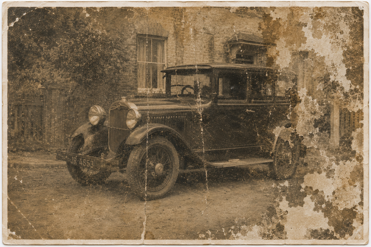 Water-damaged vintage car photograph before restoration