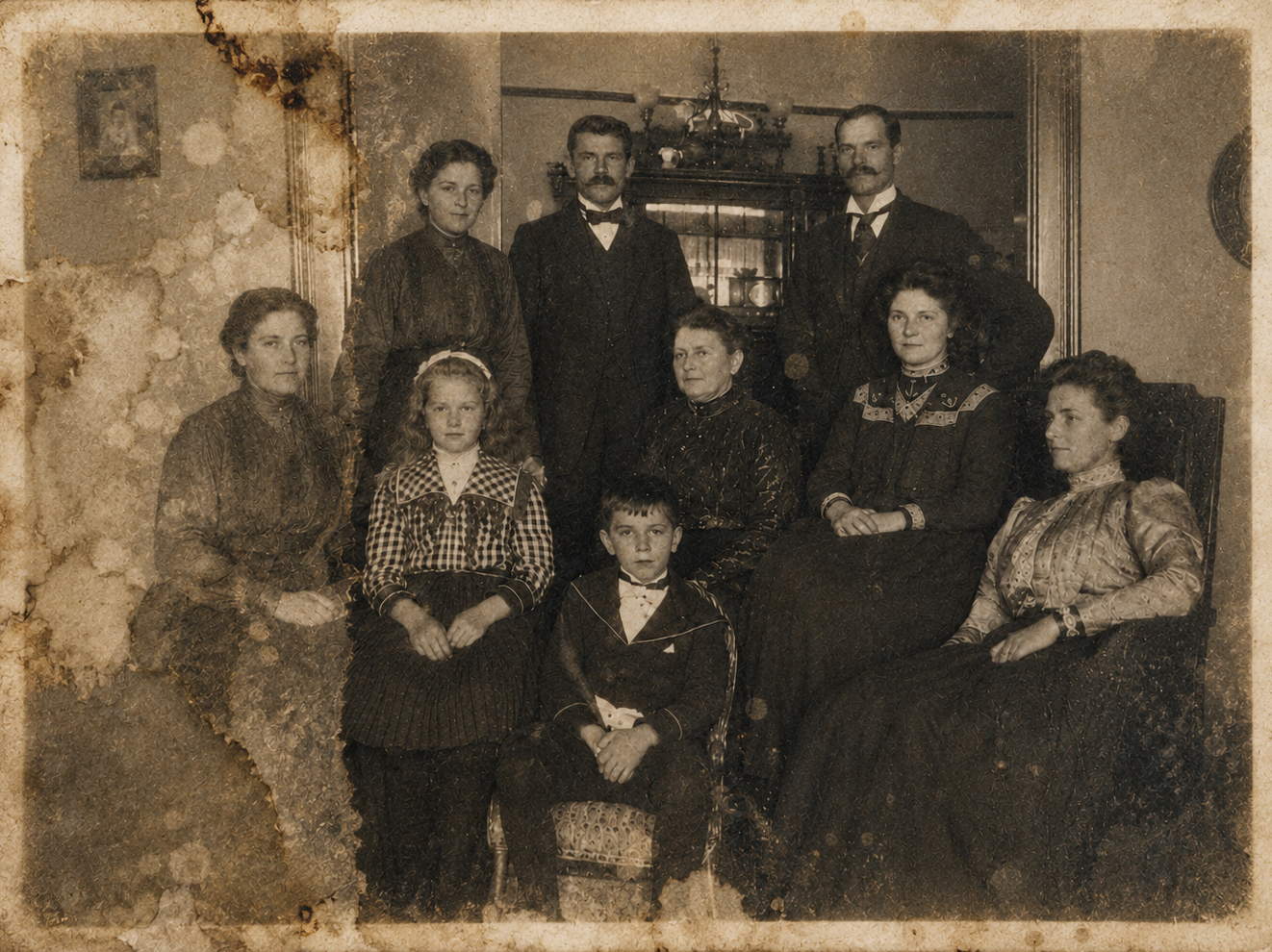 Water-damaged family photograph before restoration