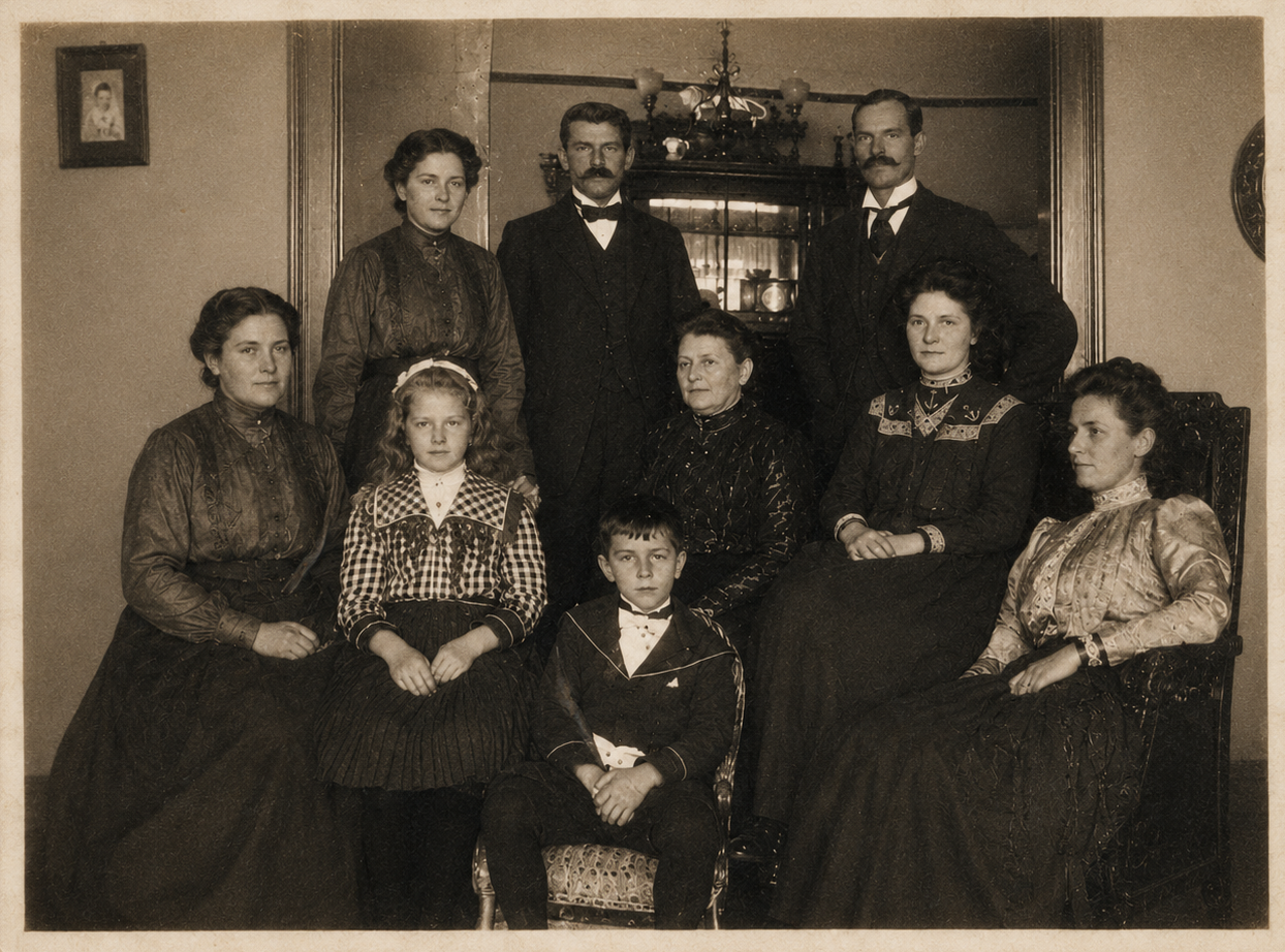 Water-damaged family photograph after careful photo restoration